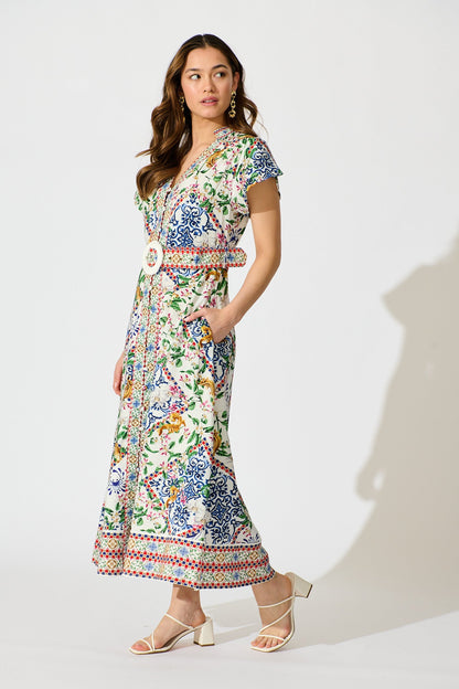Portofino Bloom Midi Dress in White with Multi Print