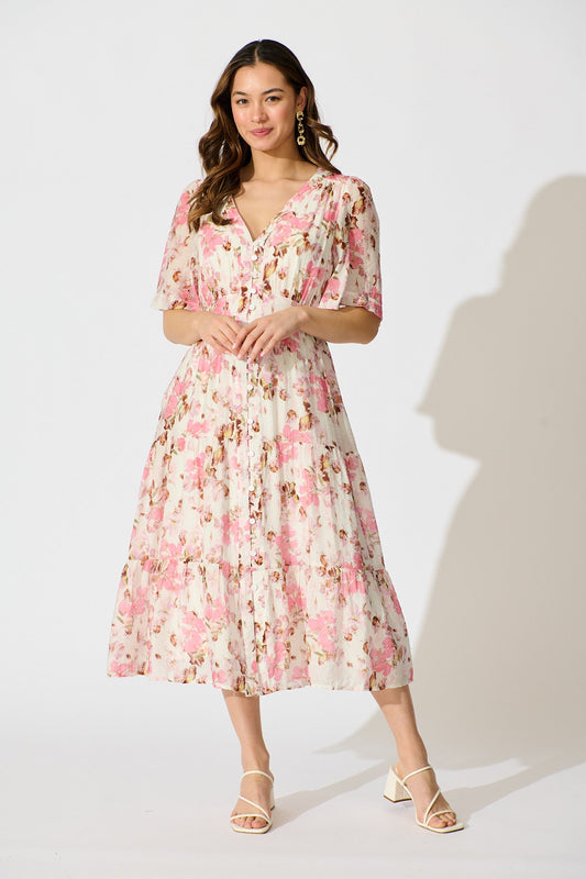 Finn Dress in White with Pink Floral