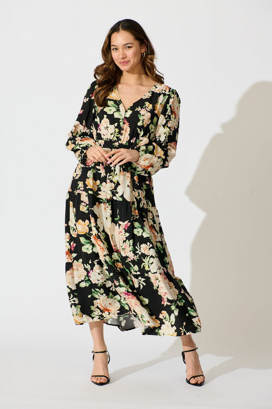 Zodie Midi Dress in Black Multi Floral Print