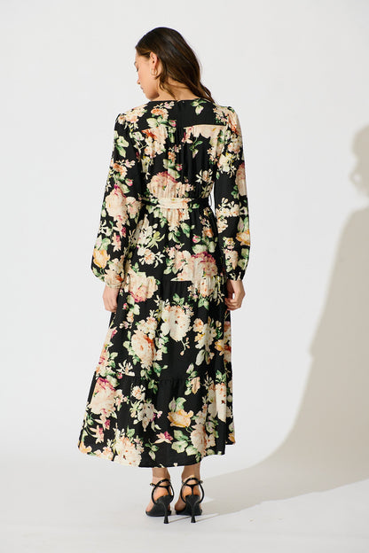 Zodie Midi Dress in Black Multi Floral Print