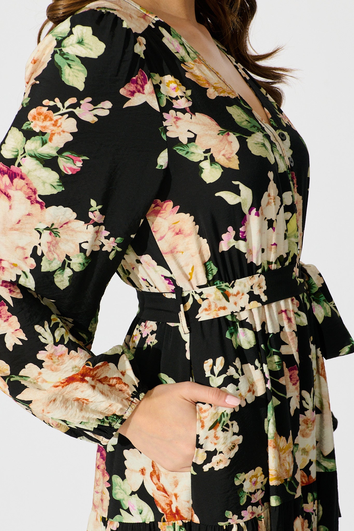 Zodie Midi Dress in Black Multi Floral Print