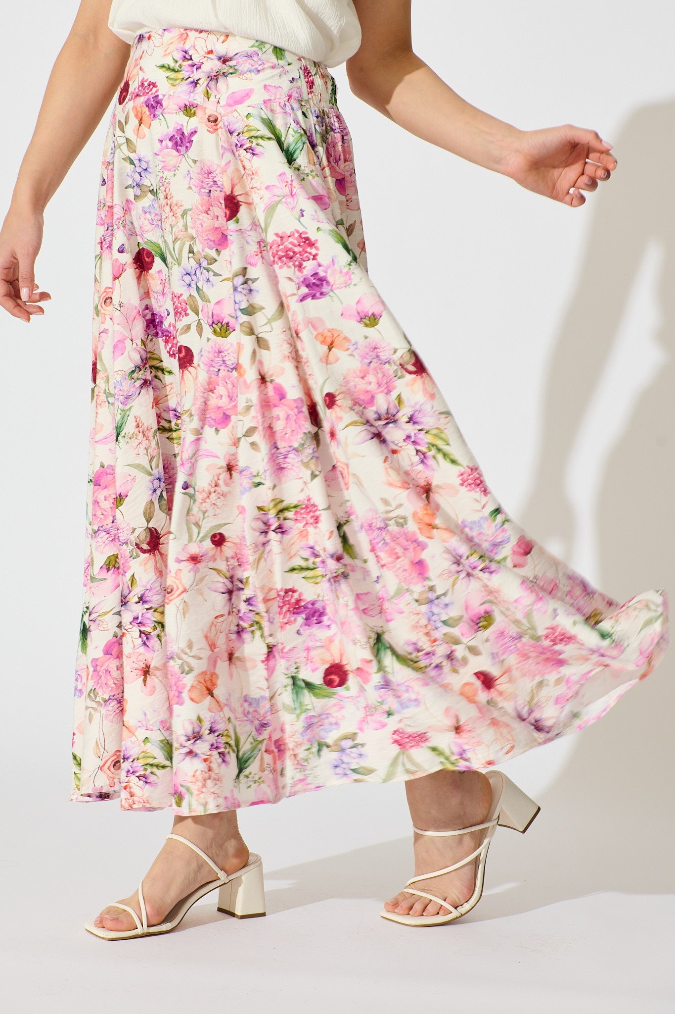 Brandsy Maxi Skirt in White with Lilac Floral