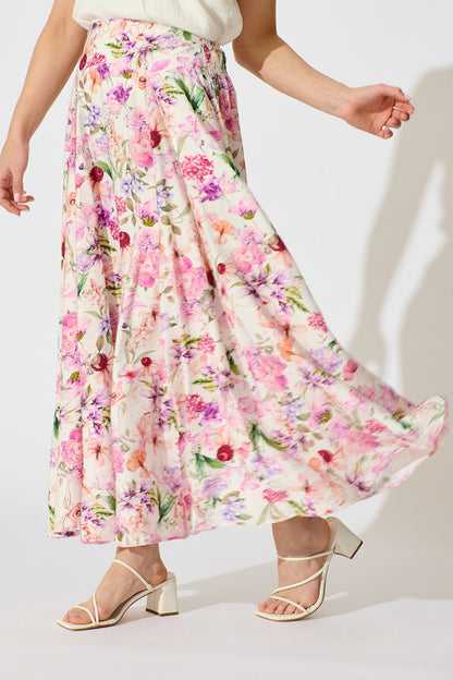 Brandsy Maxi Skirt in White with Lilac Floral