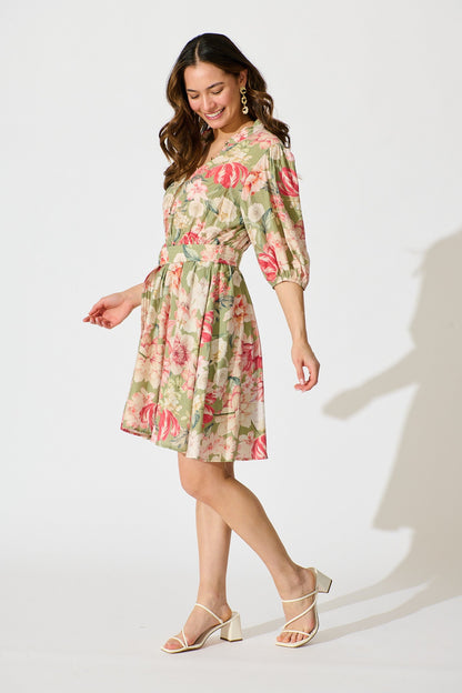 Vintage Blossom Dress in Sage with Blush Floral