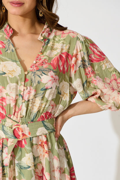 Vintage Blossom Dress in Sage with Blush Floral
