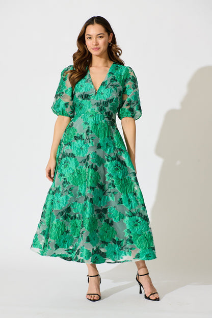 PRE ORDER Opulence Midi Dress In Jade Green Organza Jacquard