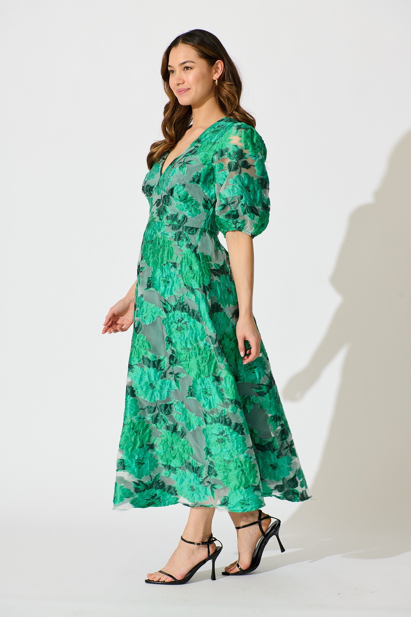 PRE ORDER Opulence Midi Dress In Jade Green Organza Jacquard