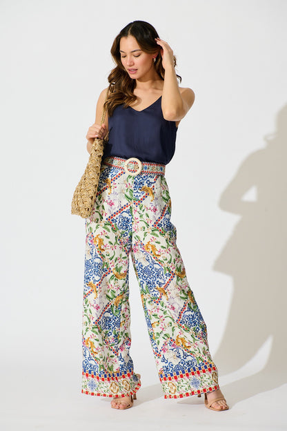 Villa Botanica Pant in White with Multi Print