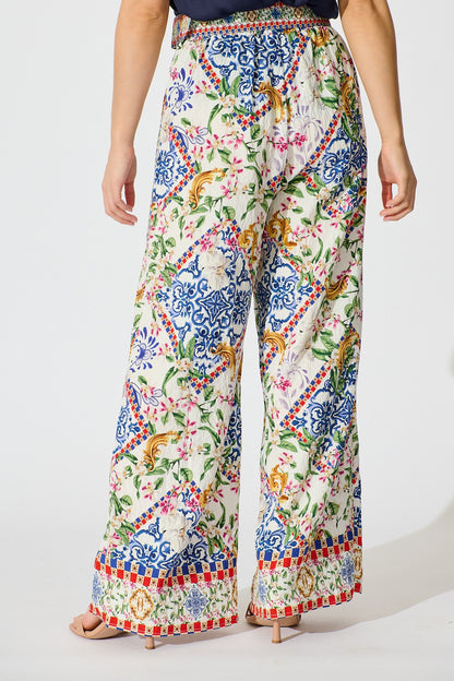 Villa Botanica Pant in White with Multi Print