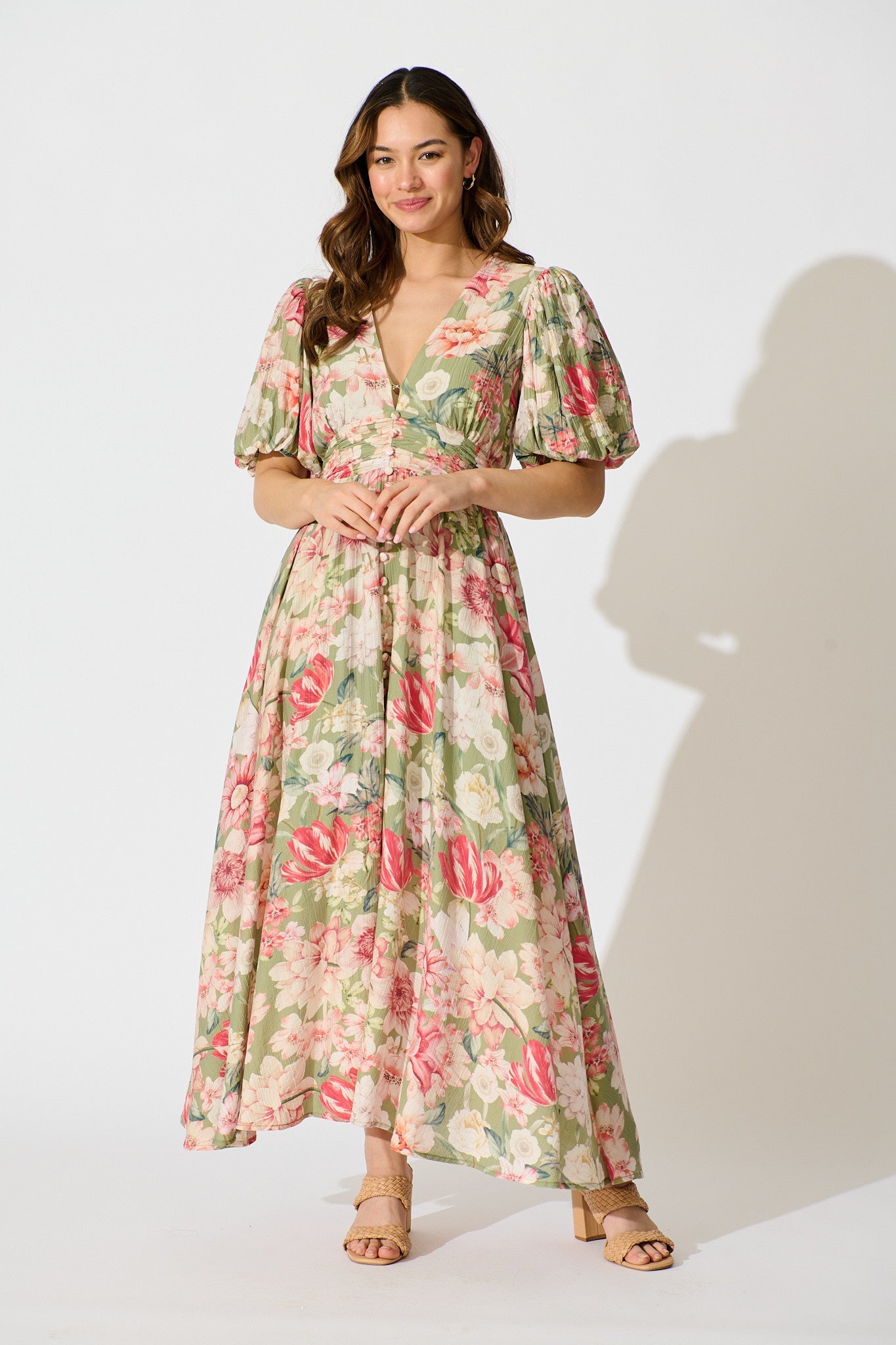 Botanical Romance Maxi Dress in Sage with Blush Floral