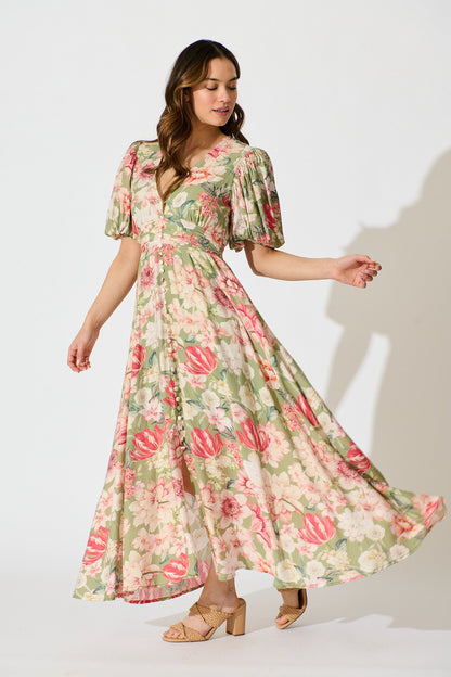 Botanical Romance Maxi Dress in Sage with Blush Floral