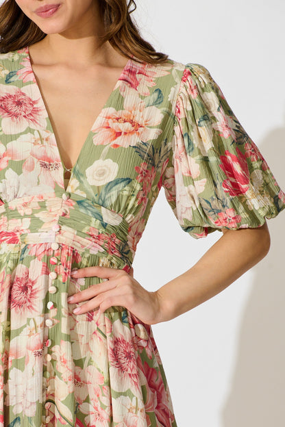 Botanical Romance Maxi Dress in Sage with Blush Floral