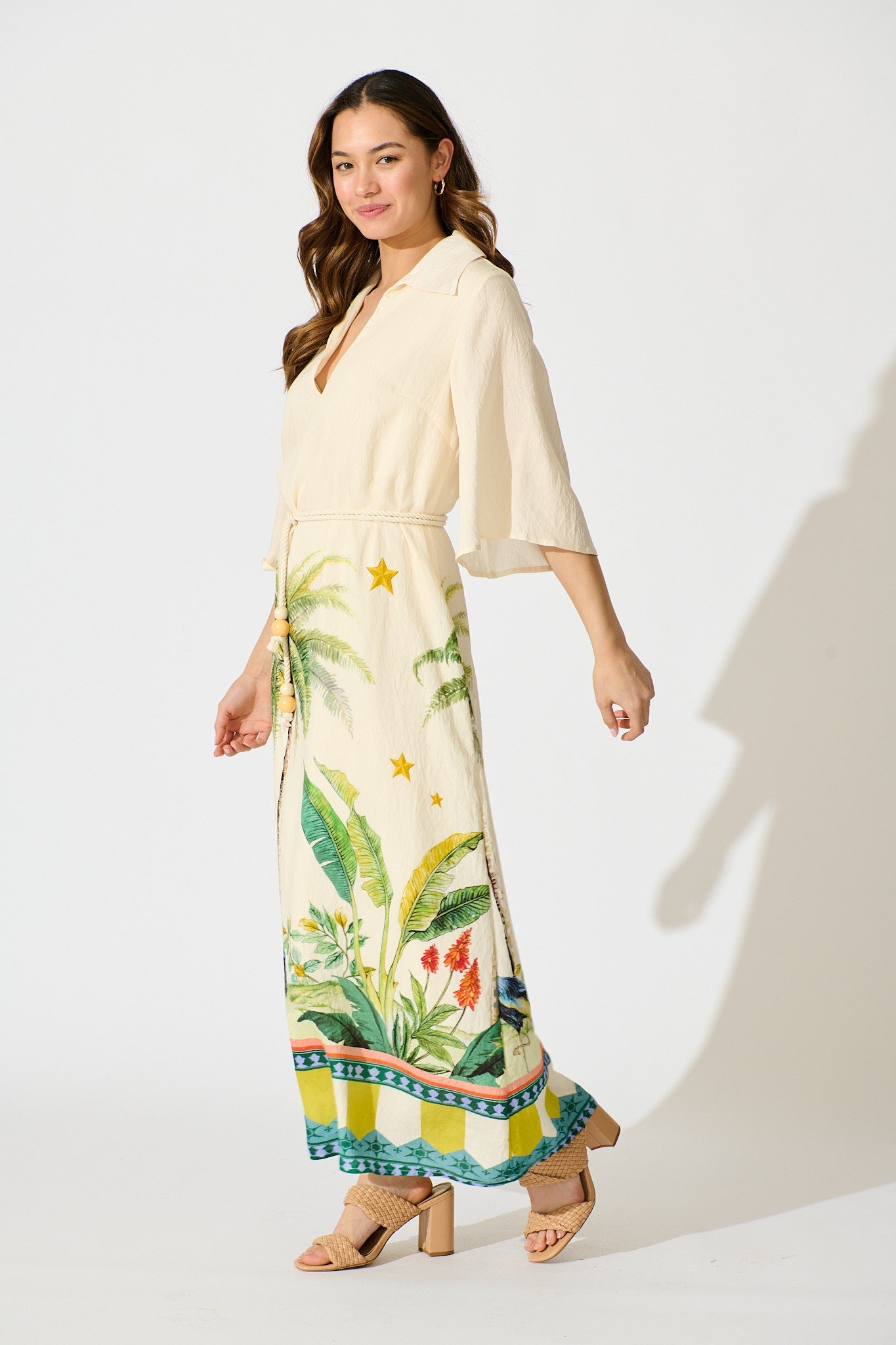 Orlando Maxi Dress In Cream with Palm Tree Print