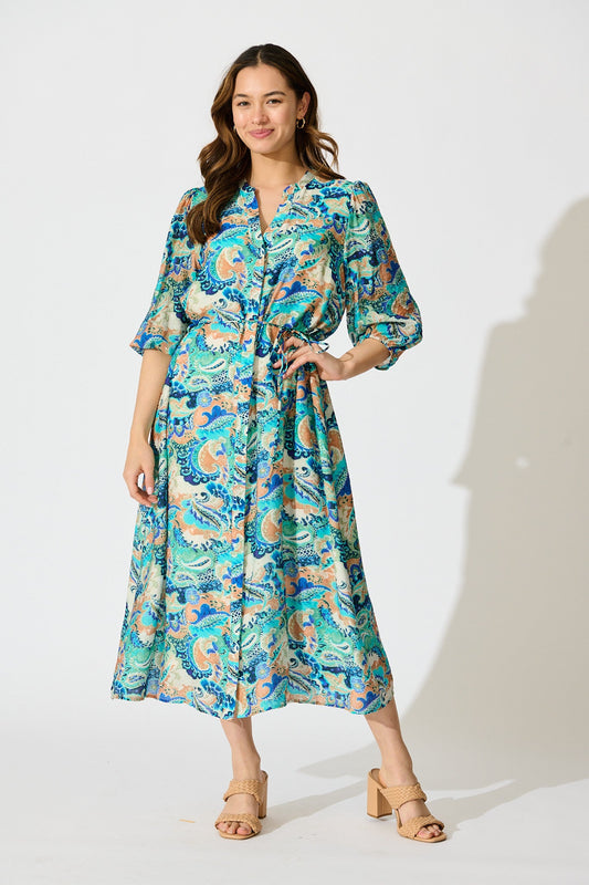 Lonnie Midi Dress in Green with Multi Print