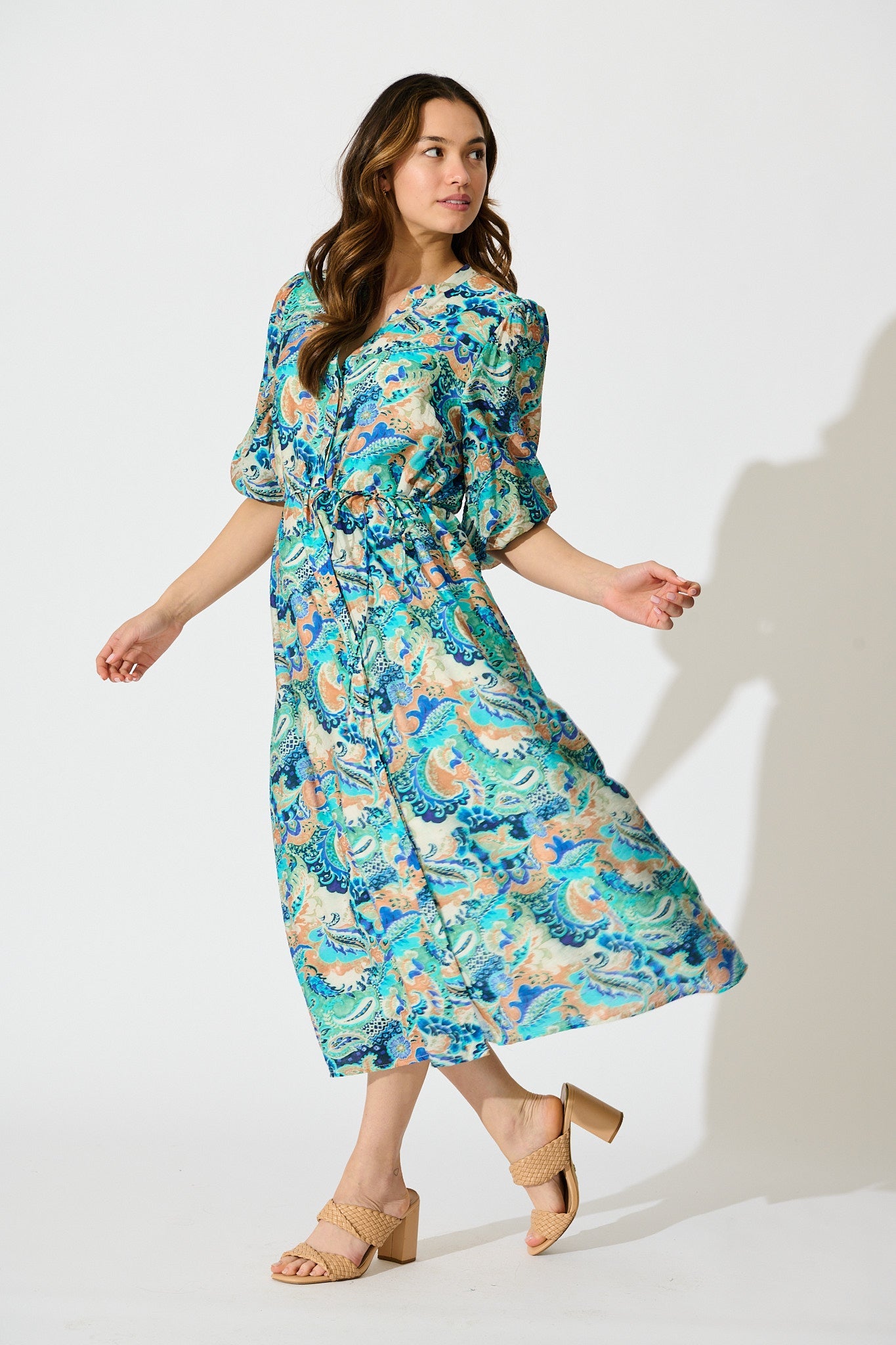 Lonnie Midi Dress in Green with Multi Print