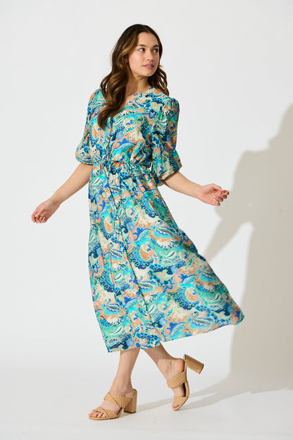 Lonnie Midi Dress in Green with Multi Print