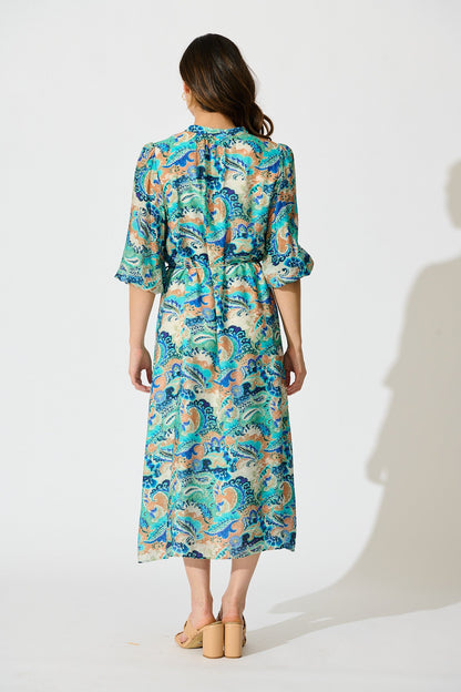Lonnie Midi Dress in Green with Multi Print