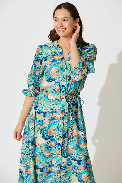 Lonnie Midi Dress in Green with Multi Print