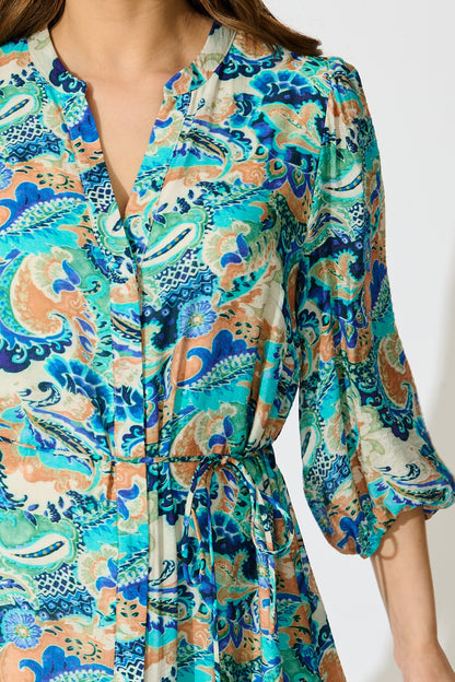 Lonnie Midi Dress in Green with Multi Print