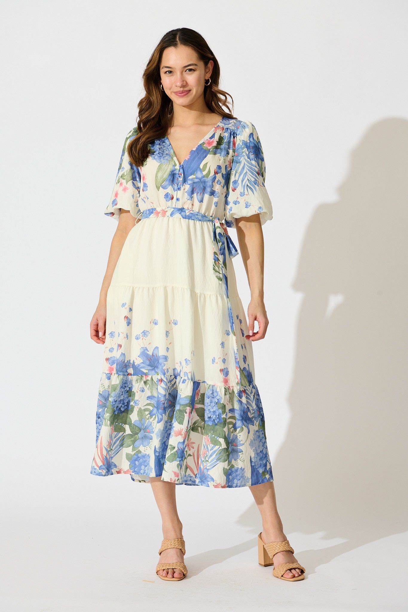 Mae Midi Dress in Cream with Blue Floral Print