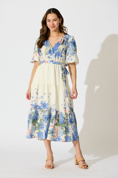 Mae Midi Dress in Cream with Blue Floral Print
