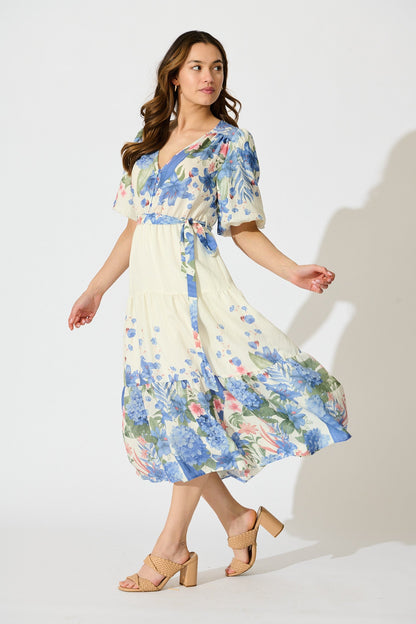 Mae Midi Dress in Cream with Blue Floral Print