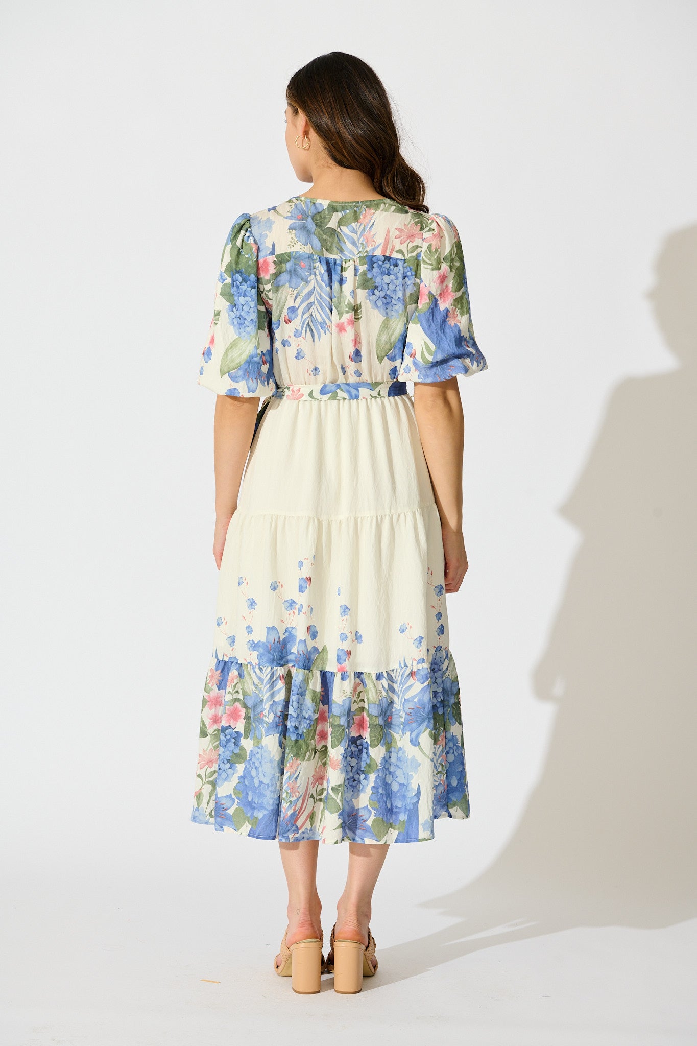 Mae Midi Dress in Cream with Blue Floral Print
