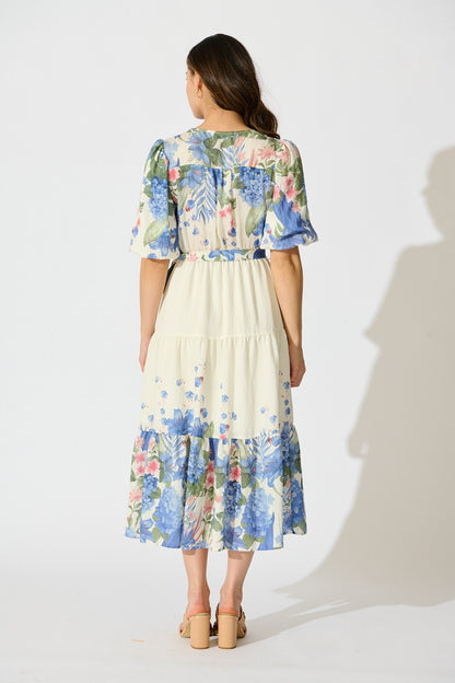 Mae Midi Dress in Cream with Blue Floral Print