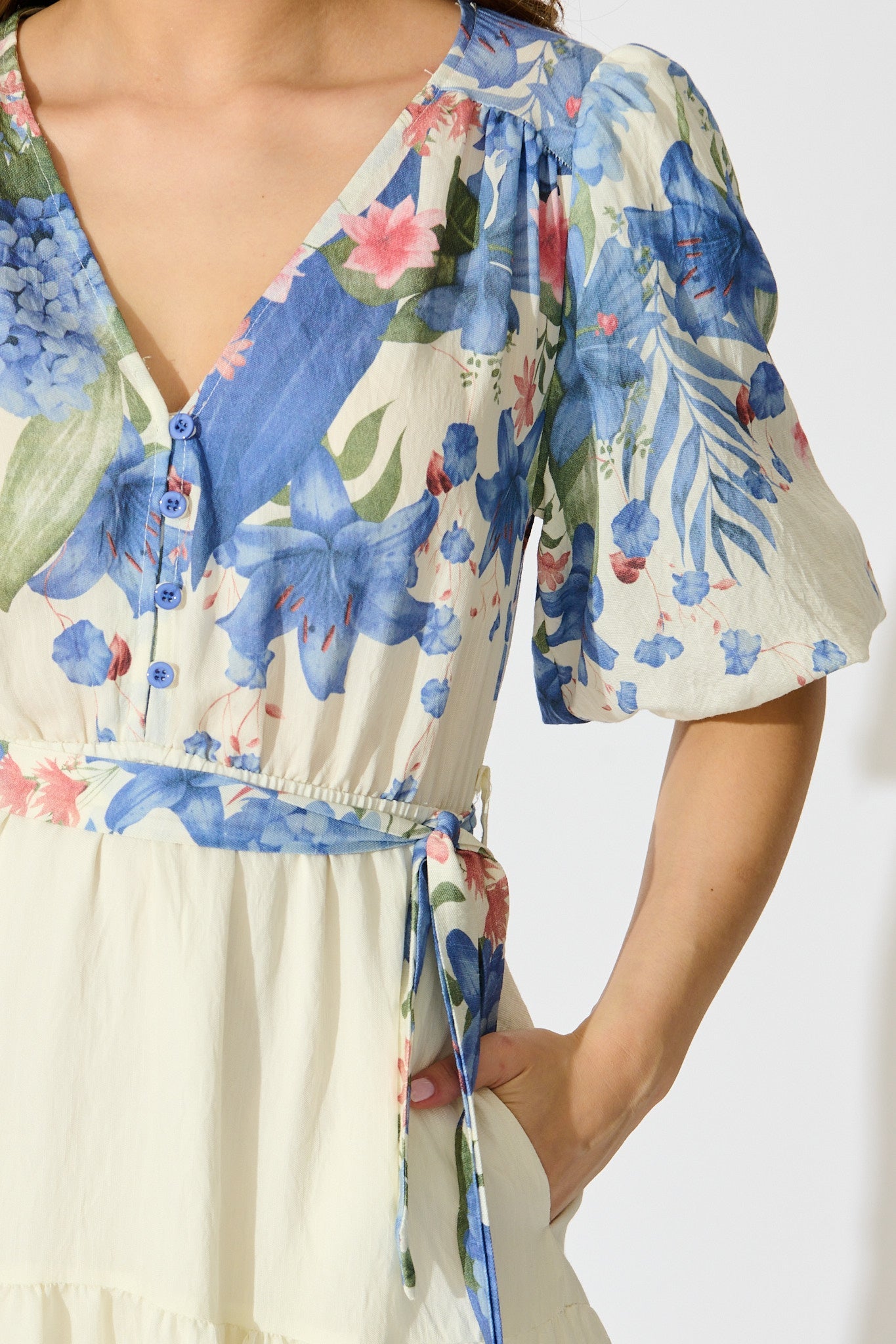 Mae Midi Dress in Cream with Blue Floral Print