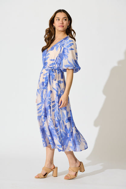 Lumora Midi Dress in Blush with Blue Floral Print