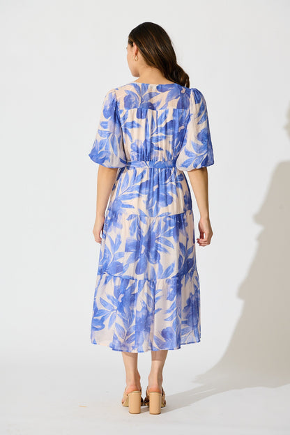 Lumora Midi Dress in Blush with Blue Floral Print