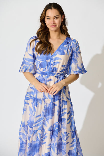 Lumora Midi Dress in Blush with Blue Floral Print