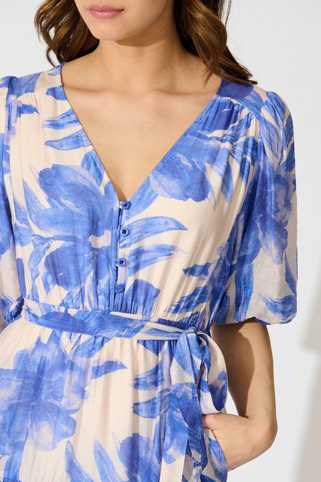 Lumora Midi Dress in Blush with Blue Floral Print