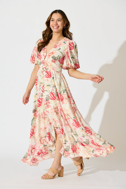 Botanical Romance Maxi Dress in Cream with Multi Floral