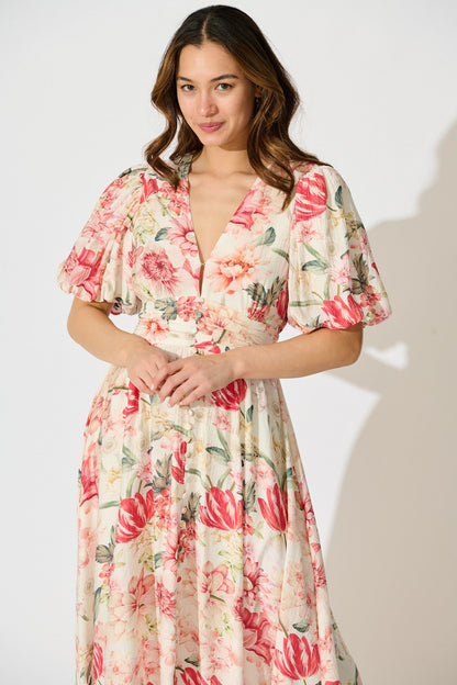 Botanical Romance Maxi Dress in Cream with Multi Floral