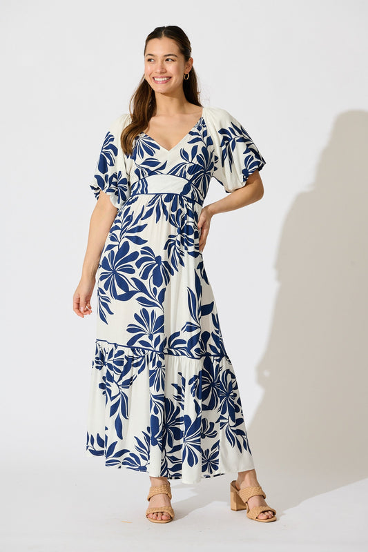 Delphinia Midi Dress in White with Navy Leaf Linen Blend