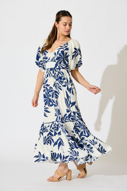 Delphinia Midi Dress in White with Navy Leaf Linen Blend