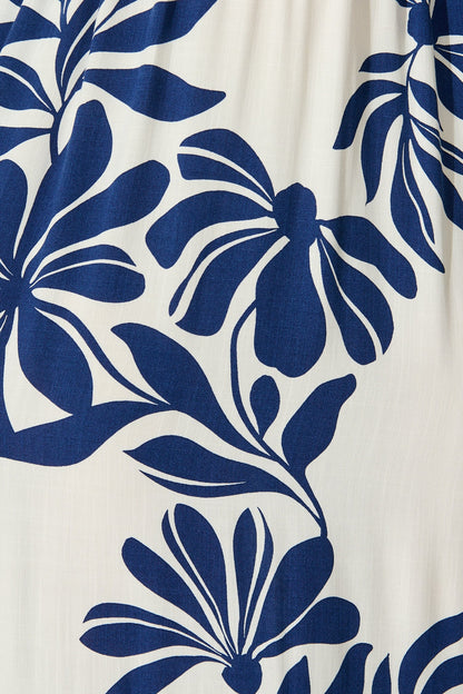 Delphinia Midi Dress in White with Navy Leaf Linen Blend