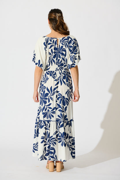 Delphinia Midi Dress in White with Navy Leaf Linen Blend