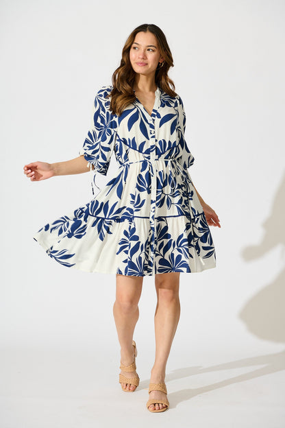 Ottilie Dress in White with Navy Leaf Linen Blend