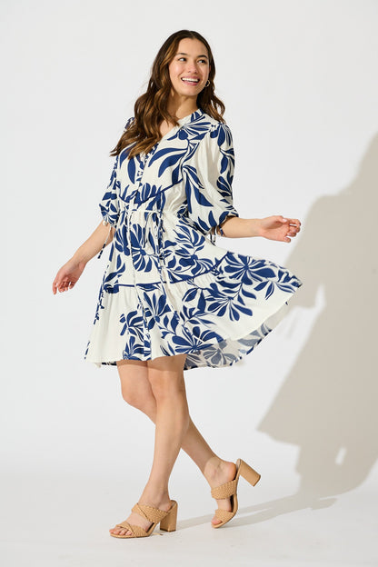 Ottilie Dress in White with Navy Leaf Linen Blend
