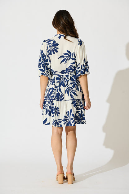 Ottilie Dress in White with Navy Leaf Linen Blend