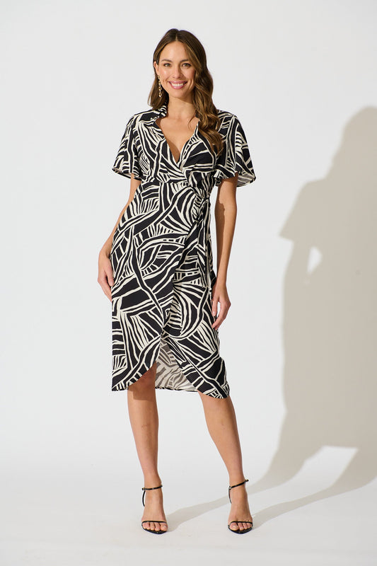 Helenia Midi Wrap Dress in Black and White Cotton Blend