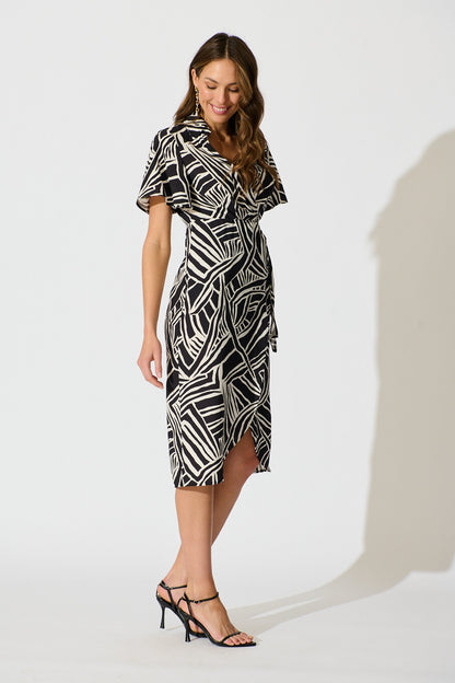 Helenia Midi Wrap Dress in Black and White Cotton Blend
