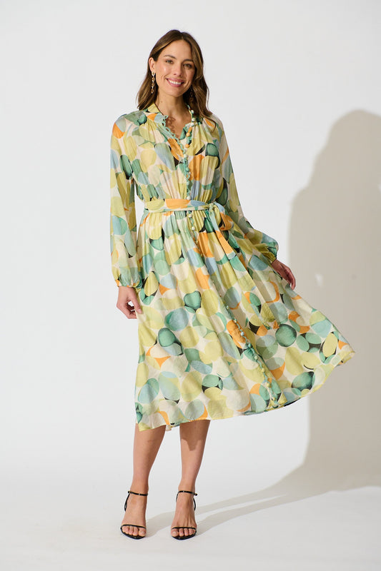 Isabeau Midi Dress in Green with Multi Watercolour Spot
