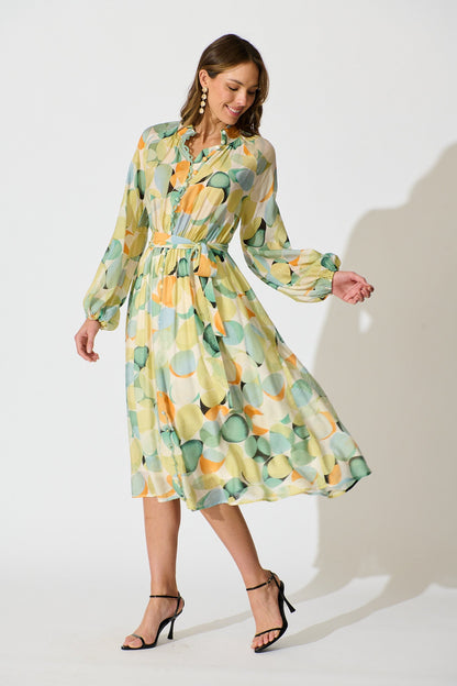 Isabeau Midi Dress in Green with Multi Watercolour Spot