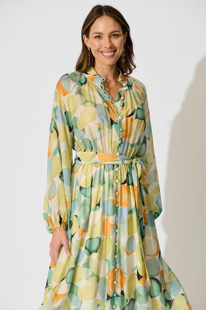 Isabeau Midi Dress in Green with Multi Watercolour Spot