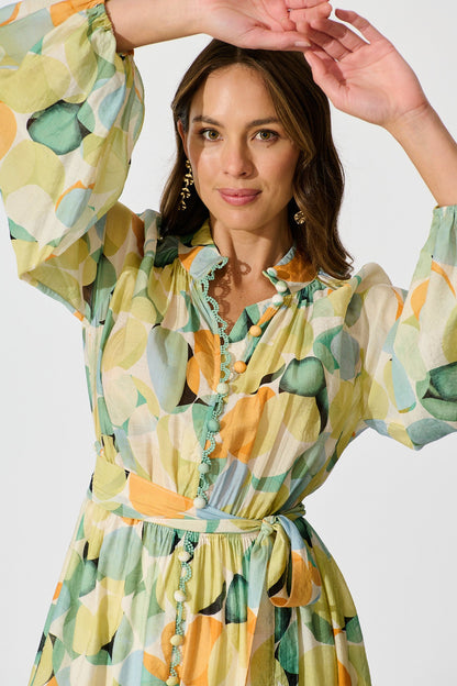 Isabeau Midi Dress in Green with Multi Watercolour Spot