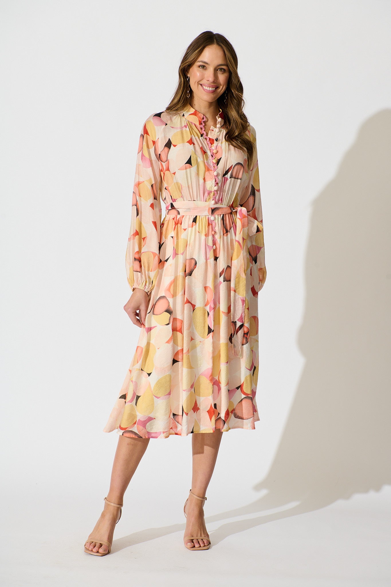 Isabeau Midi Dress in Pink with Multi Watercolour Spot