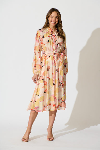 Isabeau Midi Dress in Pink with Multi Watercolour Spot